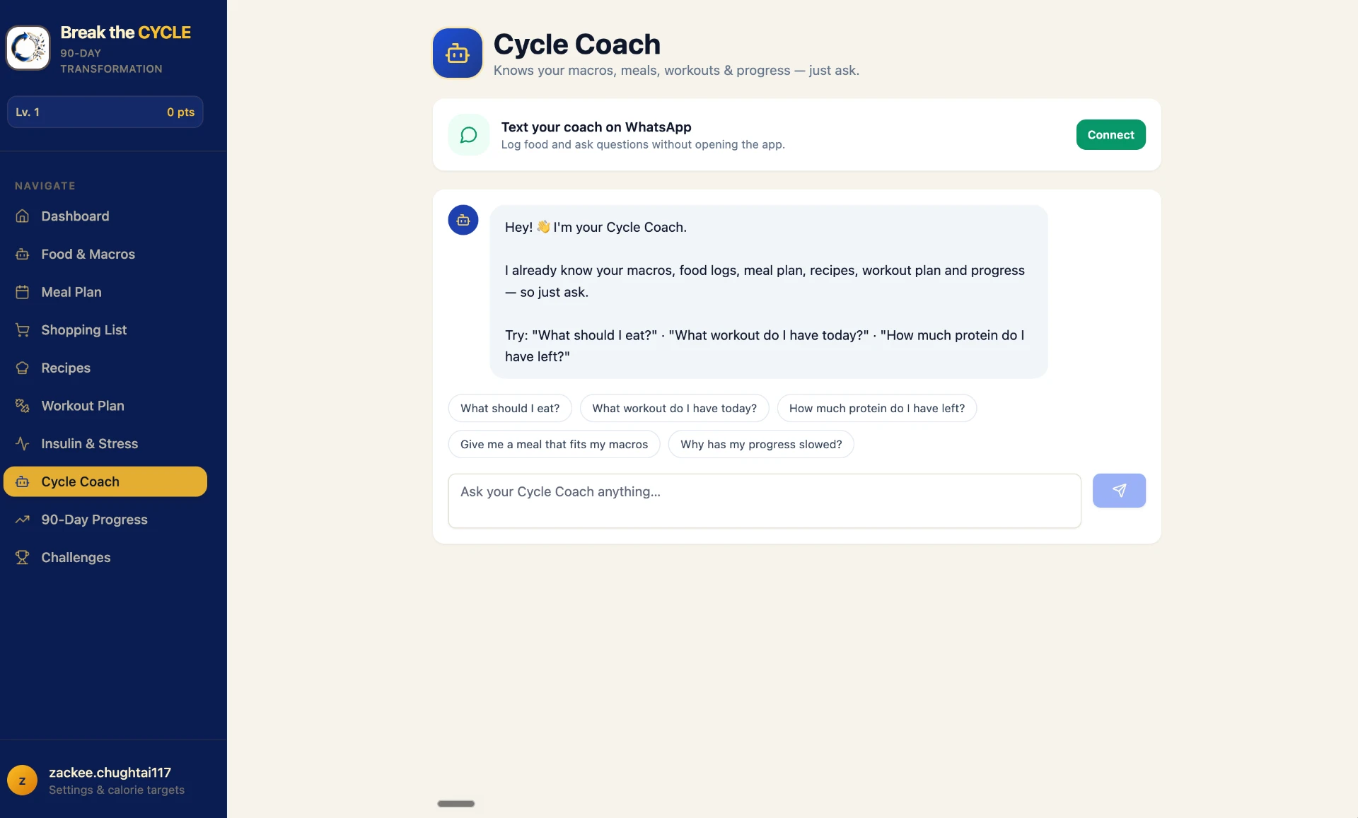 Cycle Coach chat screen answering questions from your real data