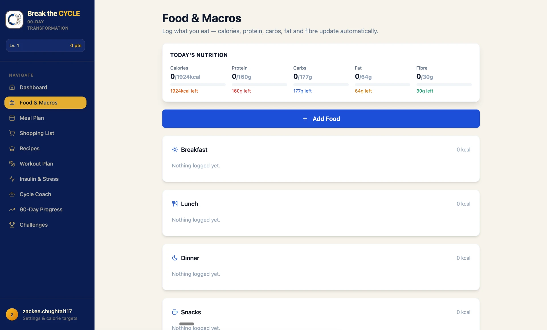 Food and macro tracking screen with daily nutrition targets