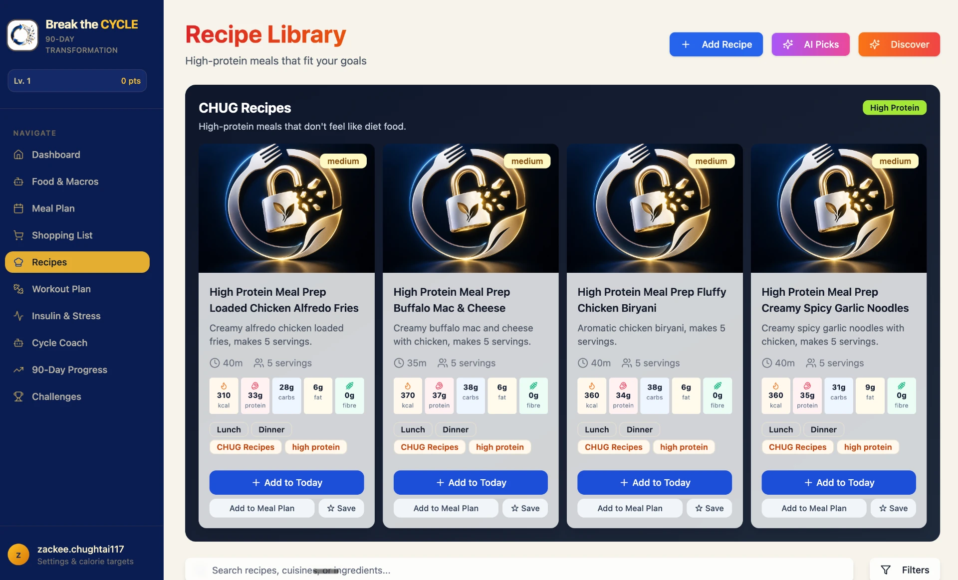 Recipe library with high-protein meal prep ideas